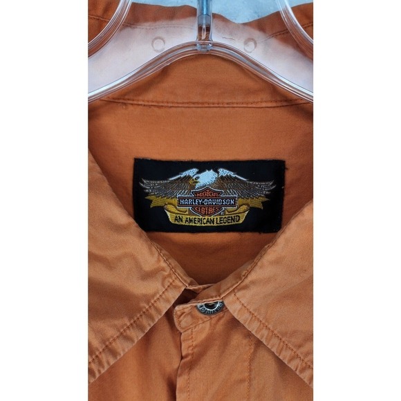 Harley Davidson Photographer Motorcycle Button Up Mechanics Shirt Orange Vtg 2XL - Picture 3 of 8
